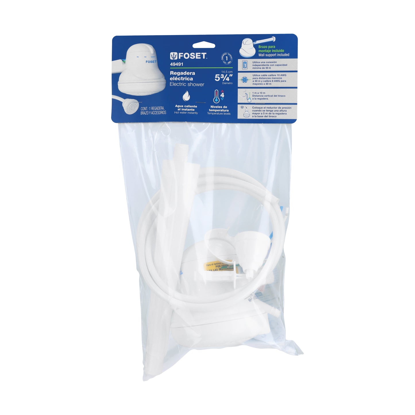 Regadera eléctrica blanca de 4 temperaturas con manguera y brazo incluido