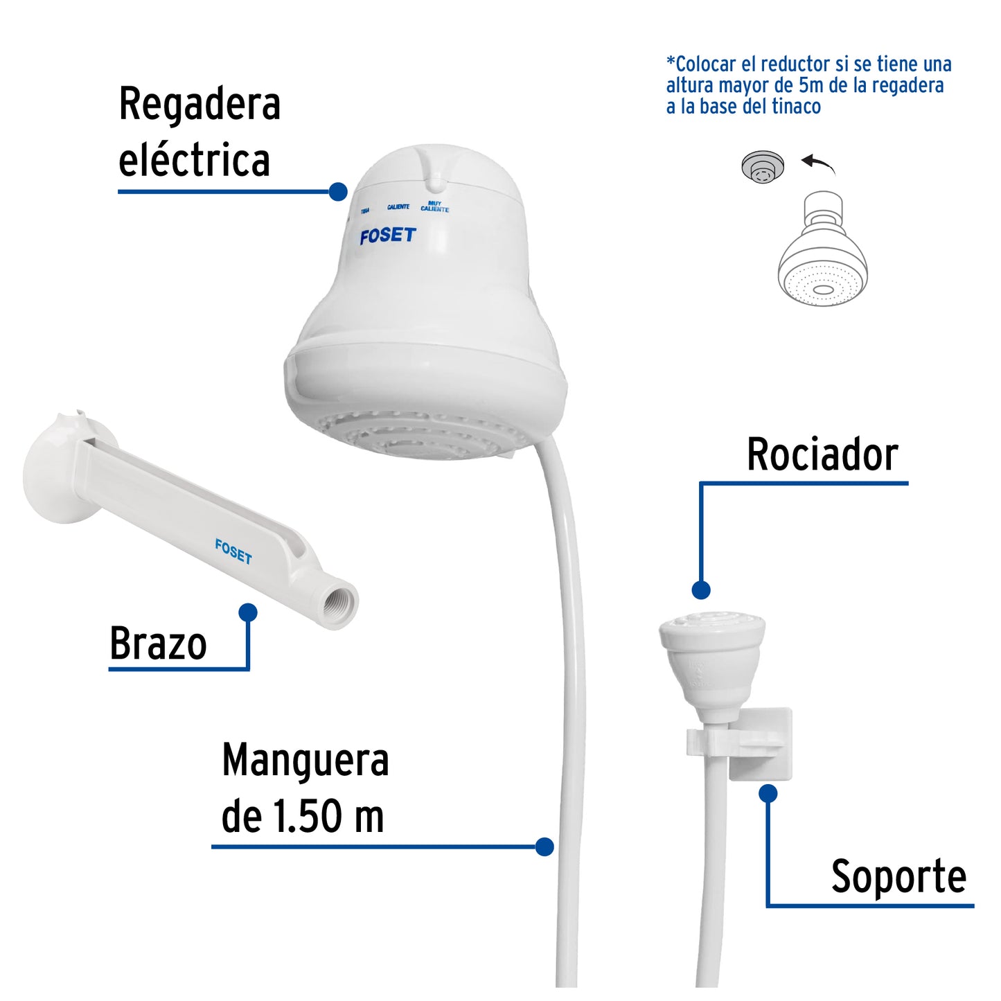 Regadera eléctrica blanca de 4 temperaturas con manguera y brazo incluido