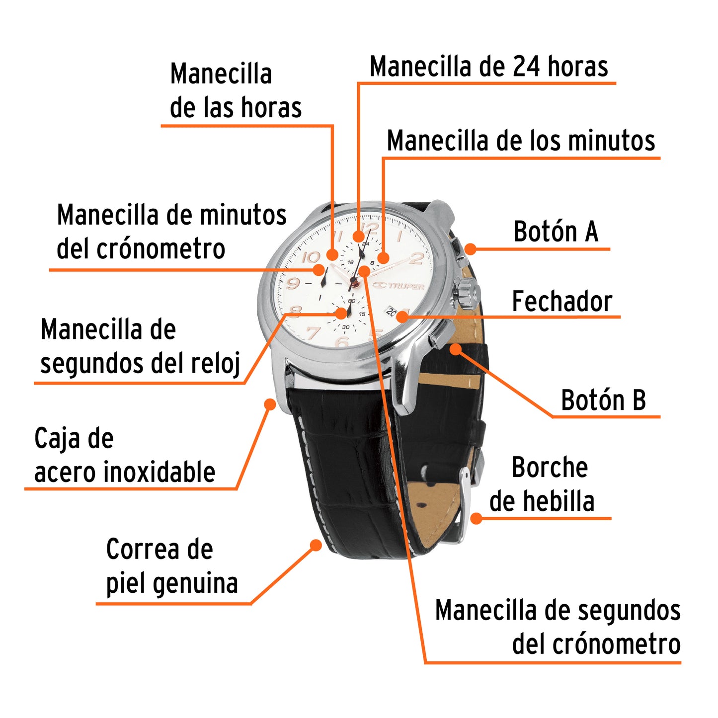 Reloj para caballero con correa de piel y resistencia al agua 50 m