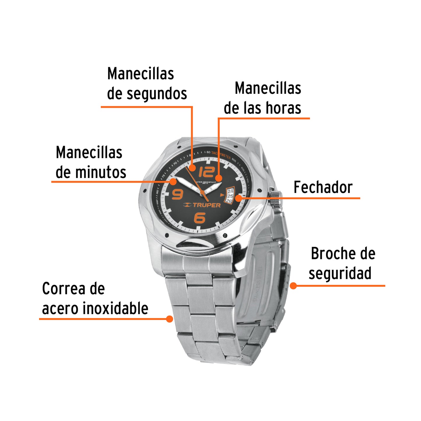 Reloj para caballero de acero inoxidable con resistencia al agua 30 m