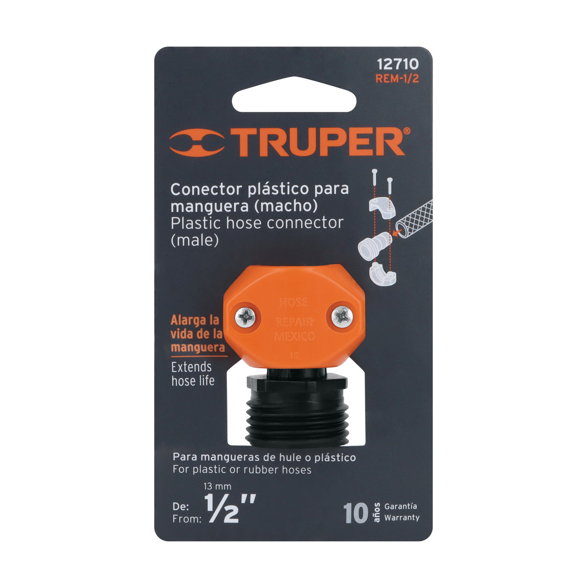 Conector 1/2pulg. macho de ABS para manguera