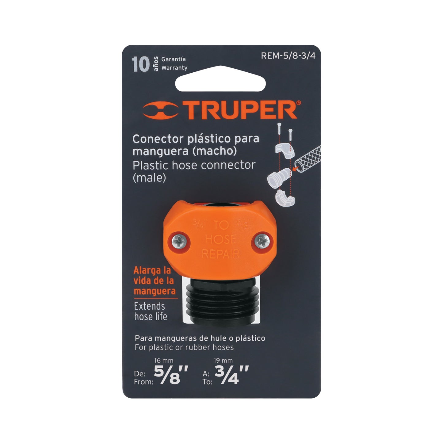 Conector 5/8pulg y 3/4pulg macho de ABS para manguera