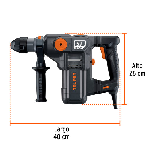 Rotomartillo SDS Plus de 1500 W y 5 J con 4 funciones para trabajo industrial