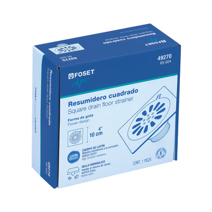 Resumidero cuadrado de 4" x 4" en latón cromado con sello hidráulico