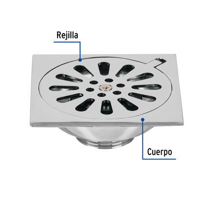 Resumidero cuadrado de 4" x 4" en latón cromado con sello hidráulico