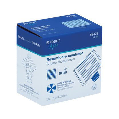 Resumidero cuadrado de 4" x 4" en acero inoxidable con cierre automático
