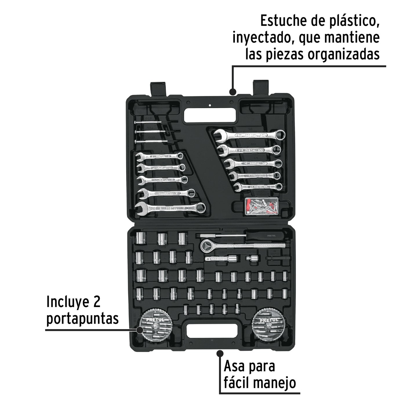 Juego de 71 herramientas mecánicas 1/4 y 3/8 en estuche plástico