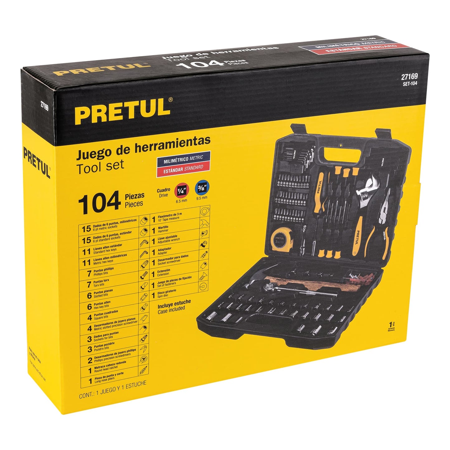 Juego de 104 herramientas manuales en estuche plástico