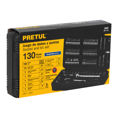 Juego de 130 herramientas mecánicas 1/4 con puntas especiales en estuche plástico
