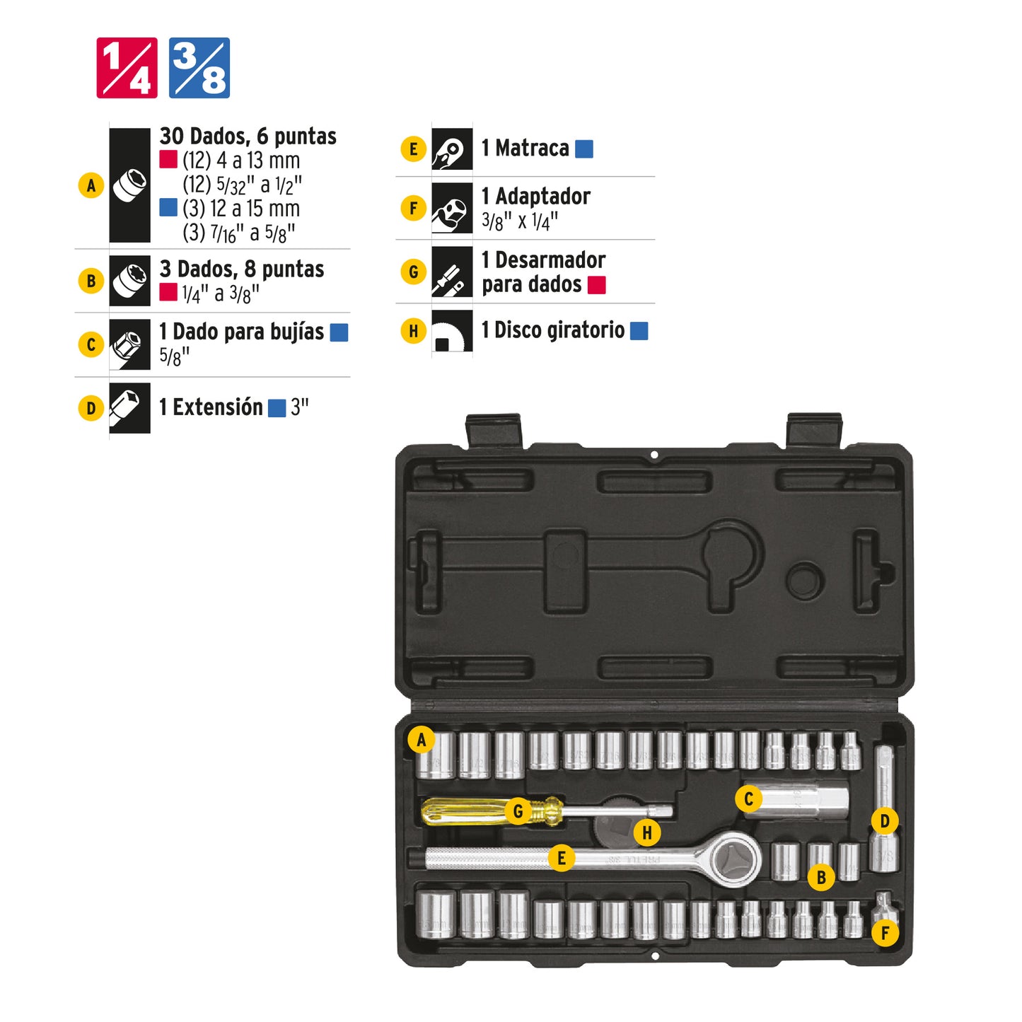 Juego de 39 herramientas mecánicas 1/4 y 3/8 en estuche plástico