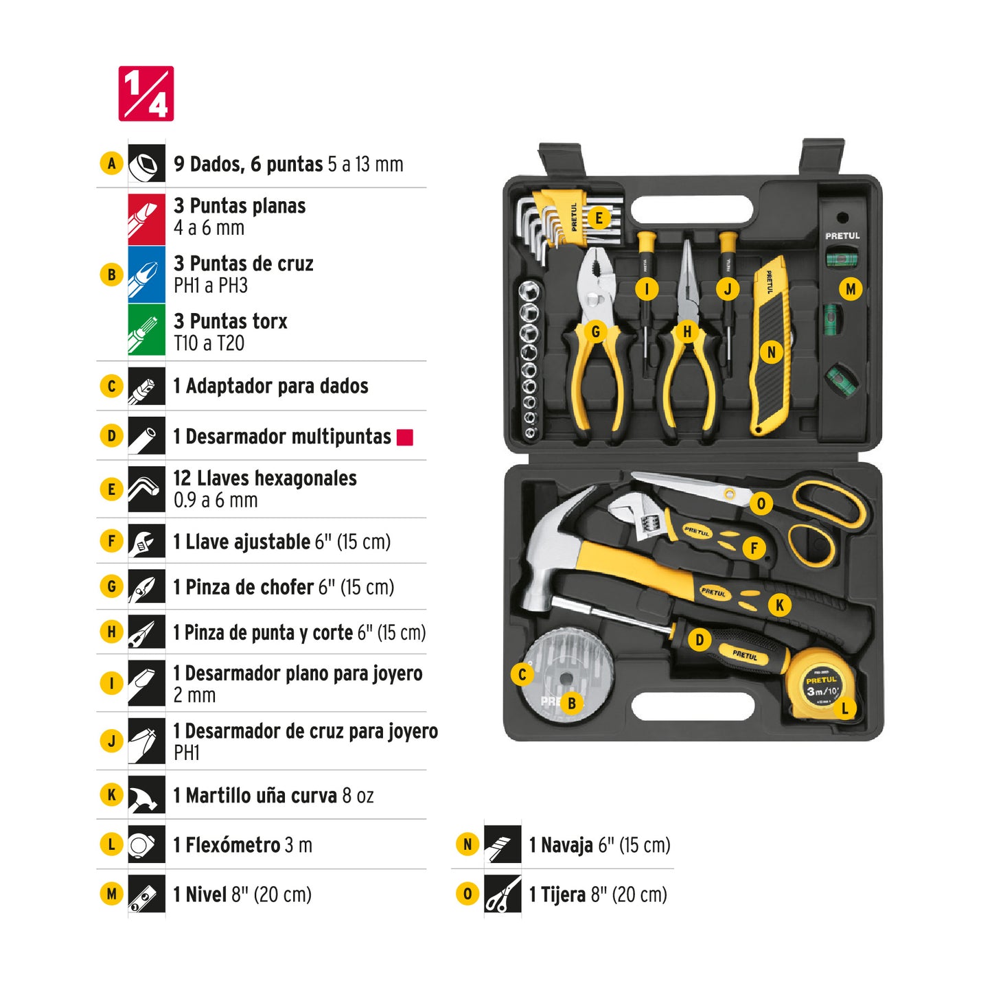 Juego de 42 herramientas manuales Comfort Grip en estuche plástico