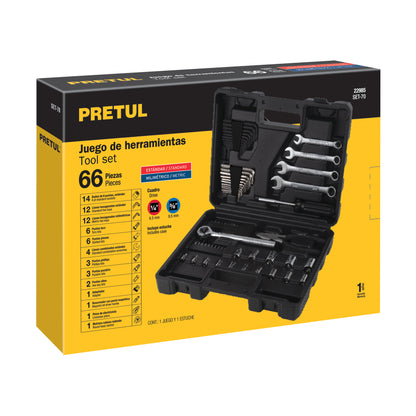 Juego de 66 herramientas mecánicas 1/4 y 3/8 en estuche plástico