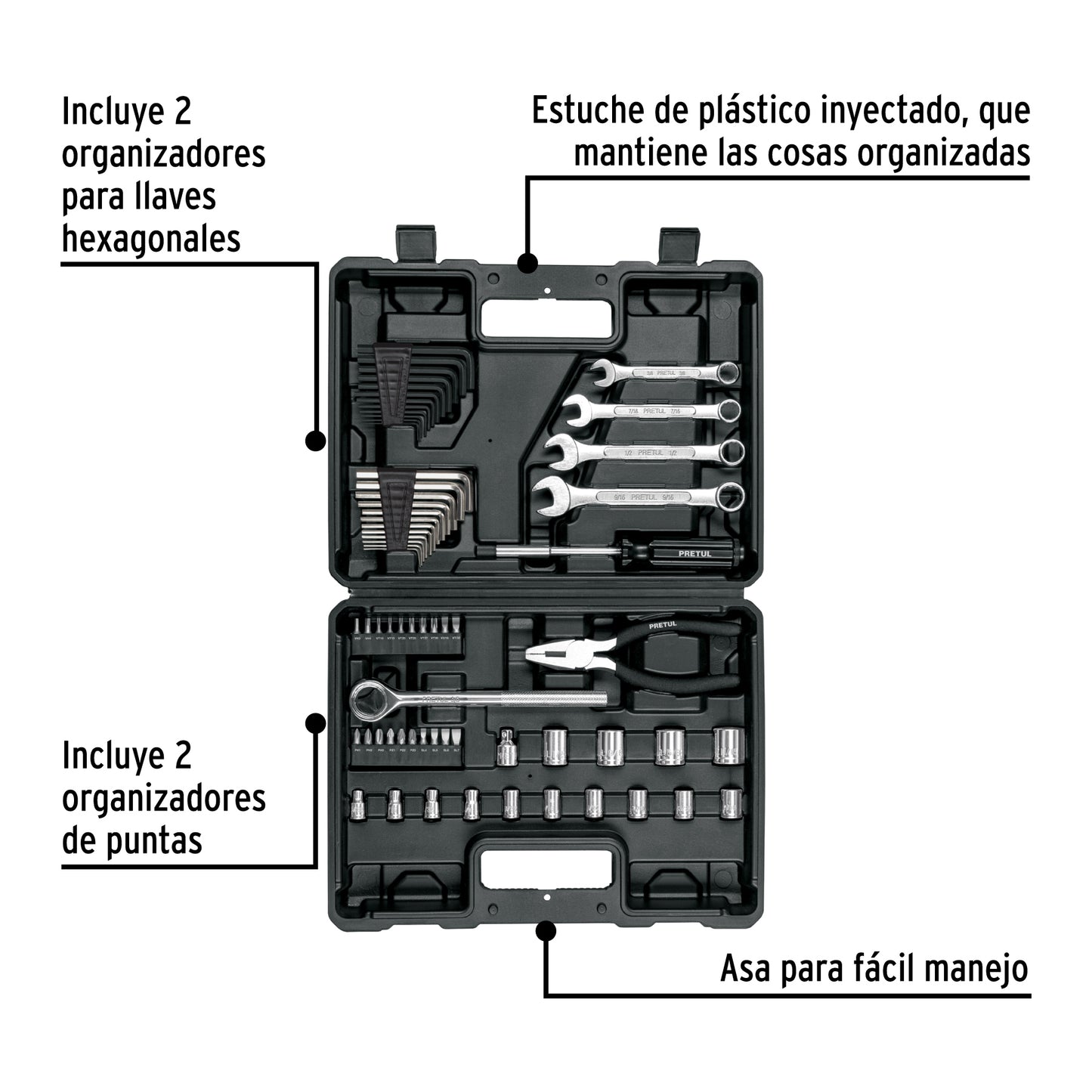 Juego de 66 herramientas mecánicas 1/4 y 3/8 en estuche plástico