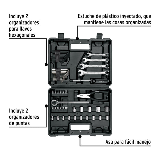 Juego de 66 herramientas mecánicas 1/4 y 3/8 en estuche plástico