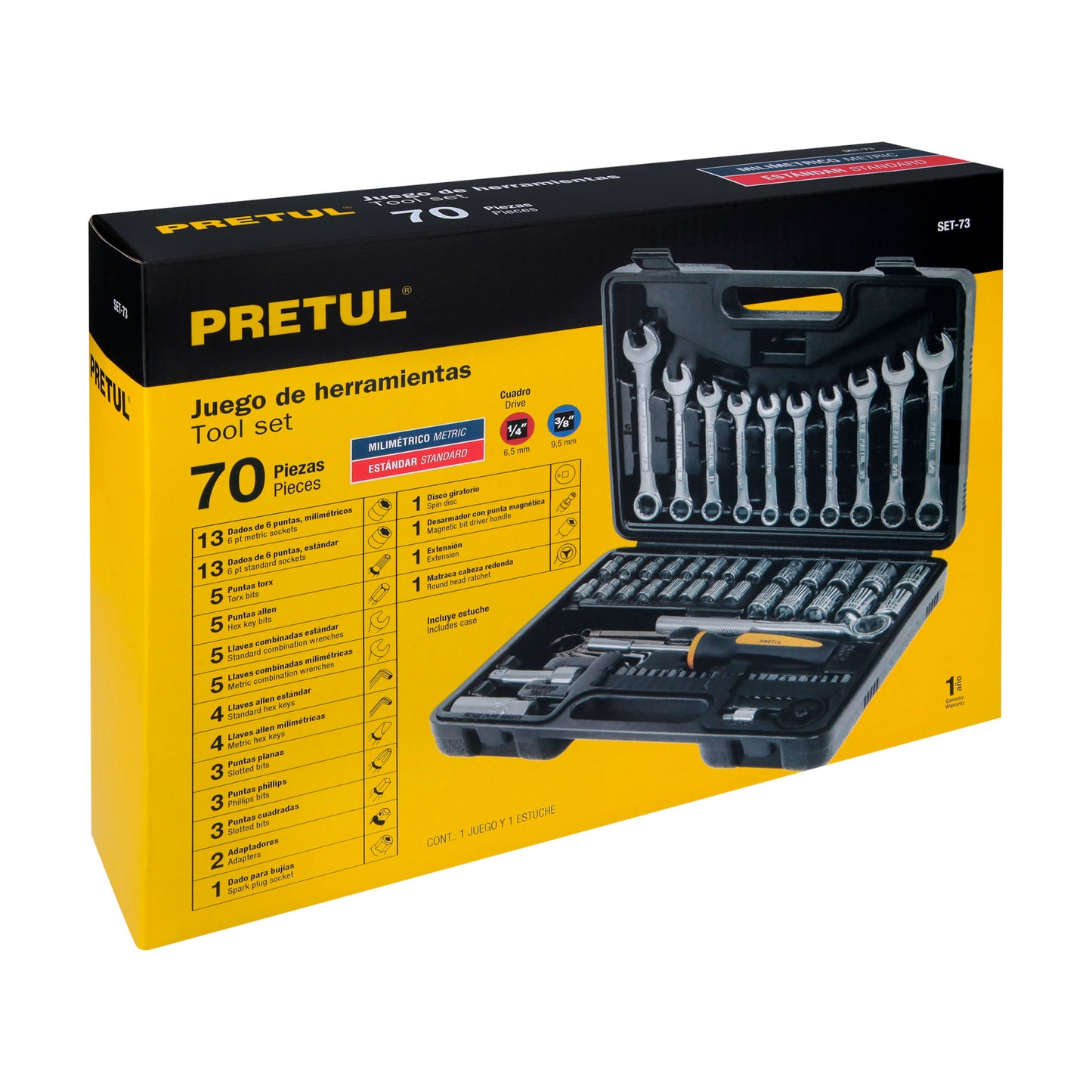 Juego de 70 herramientas mecánicas 1/4 y 3/8 con mango Comfort Grip