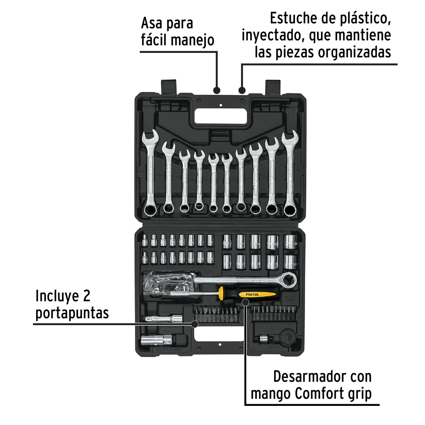 Juego de 70 herramientas mecánicas 1/4 y 3/8 con mango Comfort Grip