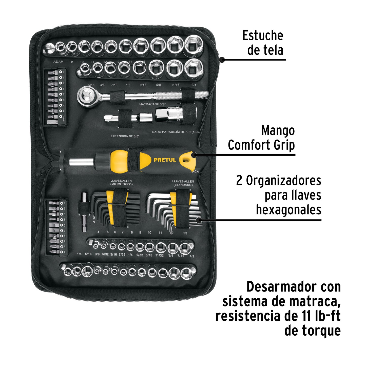 Juego de 83 herramientas mecánicas 1/4 y 3/8 con desarmador tipo matraca en estuche de tela