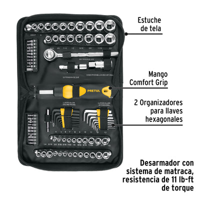 Juego de 83 herramientas mecánicas 1/4 y 3/8 con desarmador tipo matraca en estuche de tela