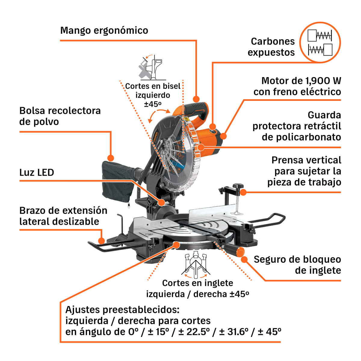 Sierra de inglete 10" compuesta de 1900W · vista 7