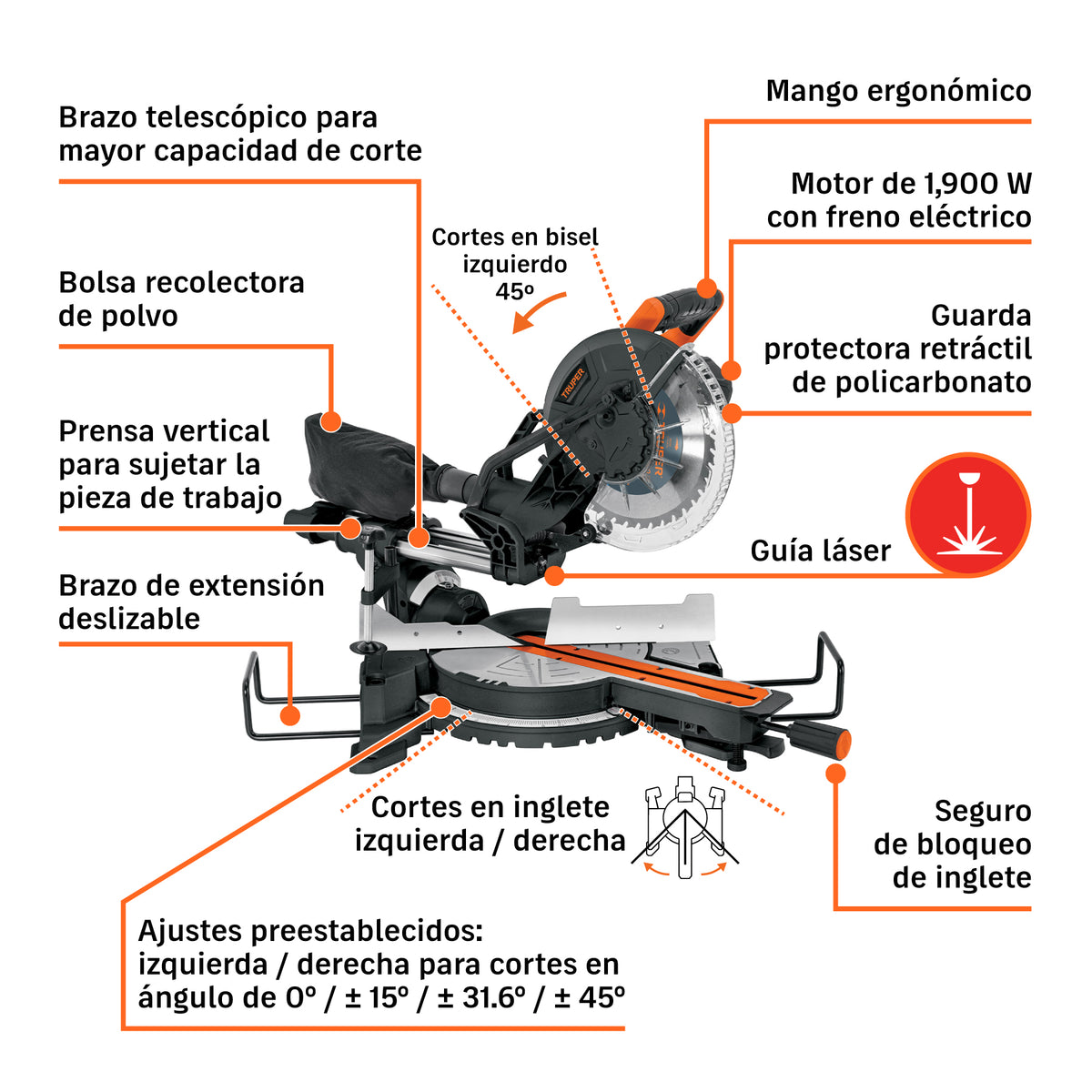 Sierra de inglete 10 pulg telescopica compuesta 1900W - SKU 16869