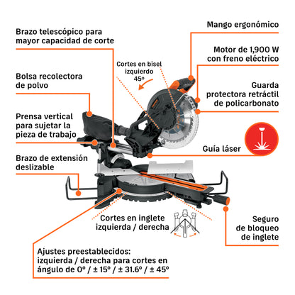 Sierra de inglete 10 pulg telescopica compuesta 1900W - SKU 16869