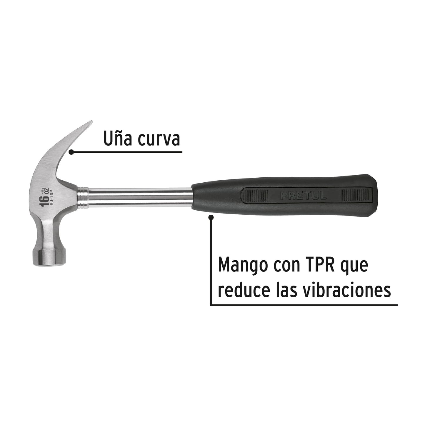 Martillo pulido de 16 oz con uña curva y mango tubular