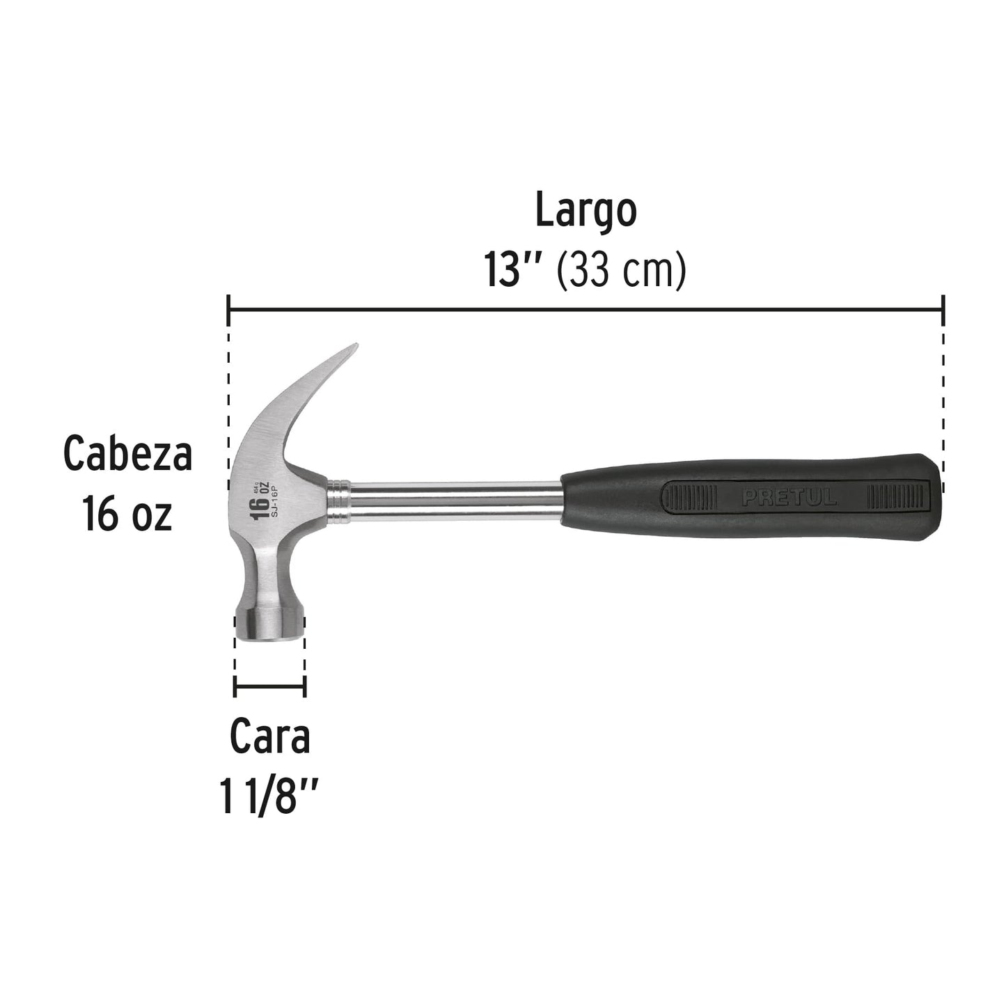 Martillo pulido de 16 oz con uña curva y mango tubular
