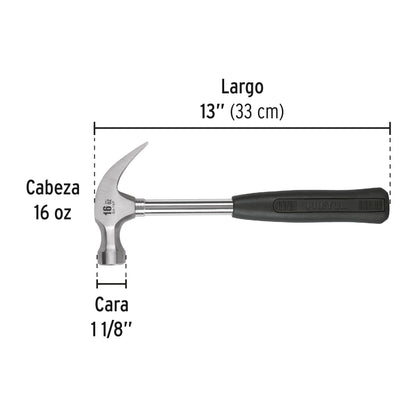 Martillo pulido de 16 oz con uña curva y mango tubular