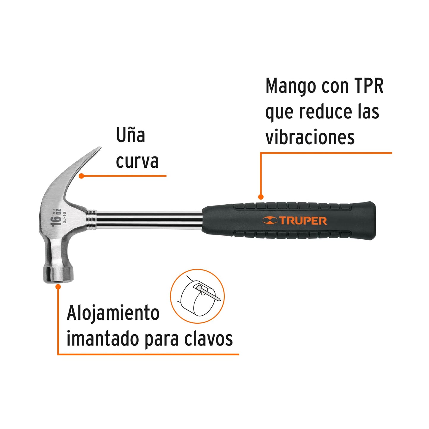 Martillo pulido de 16 oz con uña curva y mango tubular con neopreno