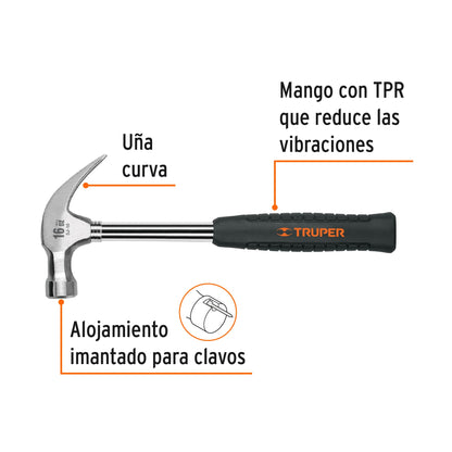 Martillo pulido de 16 oz con uña curva y mango tubular con neopreno