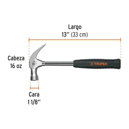 Martillo pulido de 16 oz con uña curva y mango tubular con neopreno