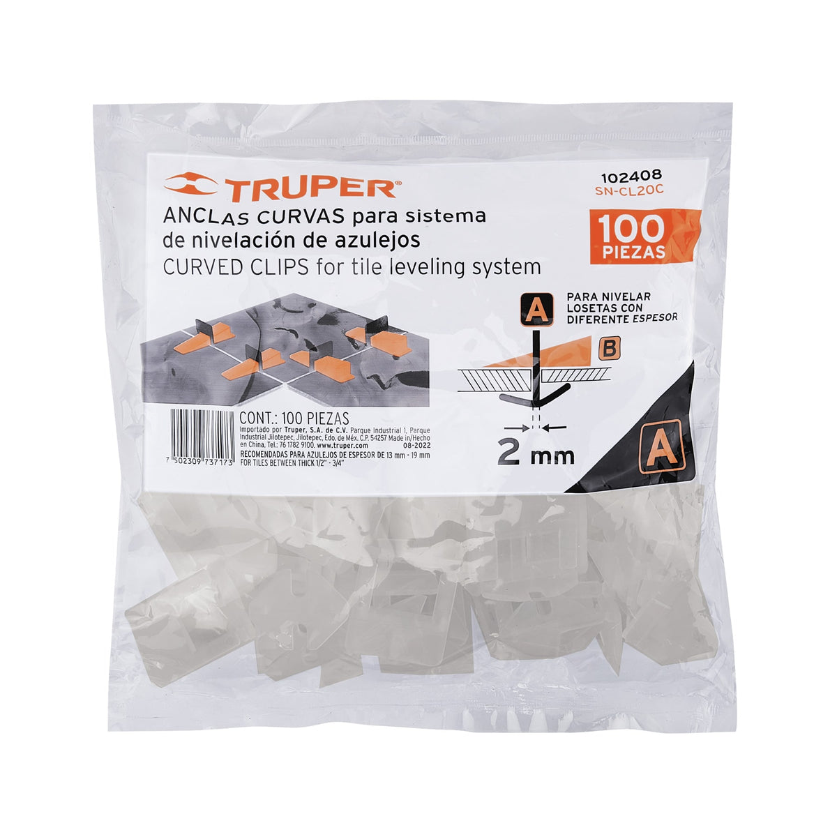 Bolsa c/100 anclas curvas de 2mm para nivelación de azulejos · vista 3