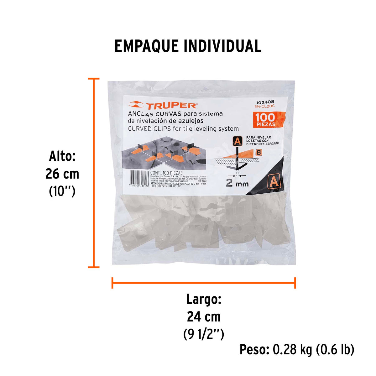 Bolsa c/100 anclas curvas de 2mm para nivelación de azulejos · vista 4