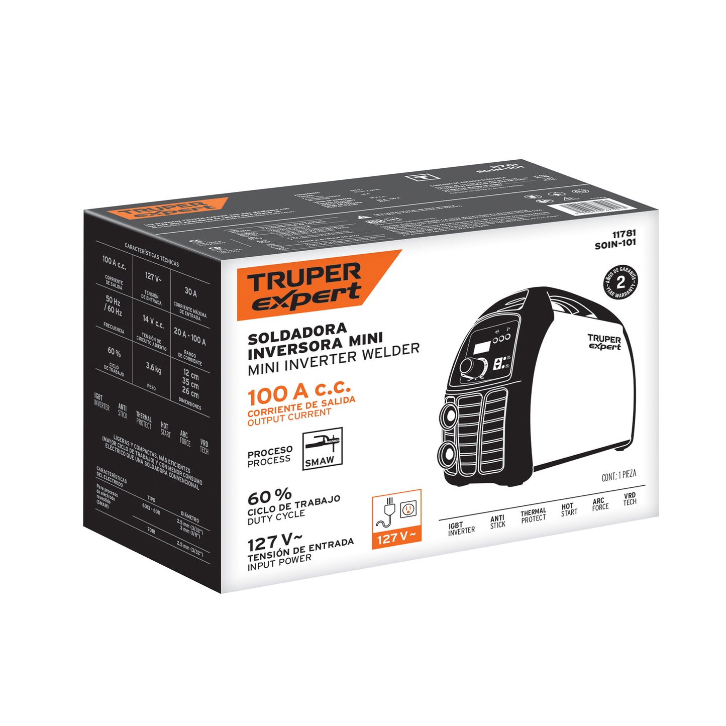 Soldadora inversora de 100 A y 127 V con perilla de ajuste y protección térmica