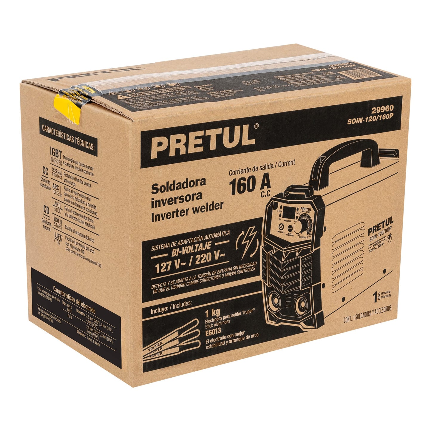 Soldadora inversora de 160 A Bi-voltaje 127/220 V con display digital y función TIG