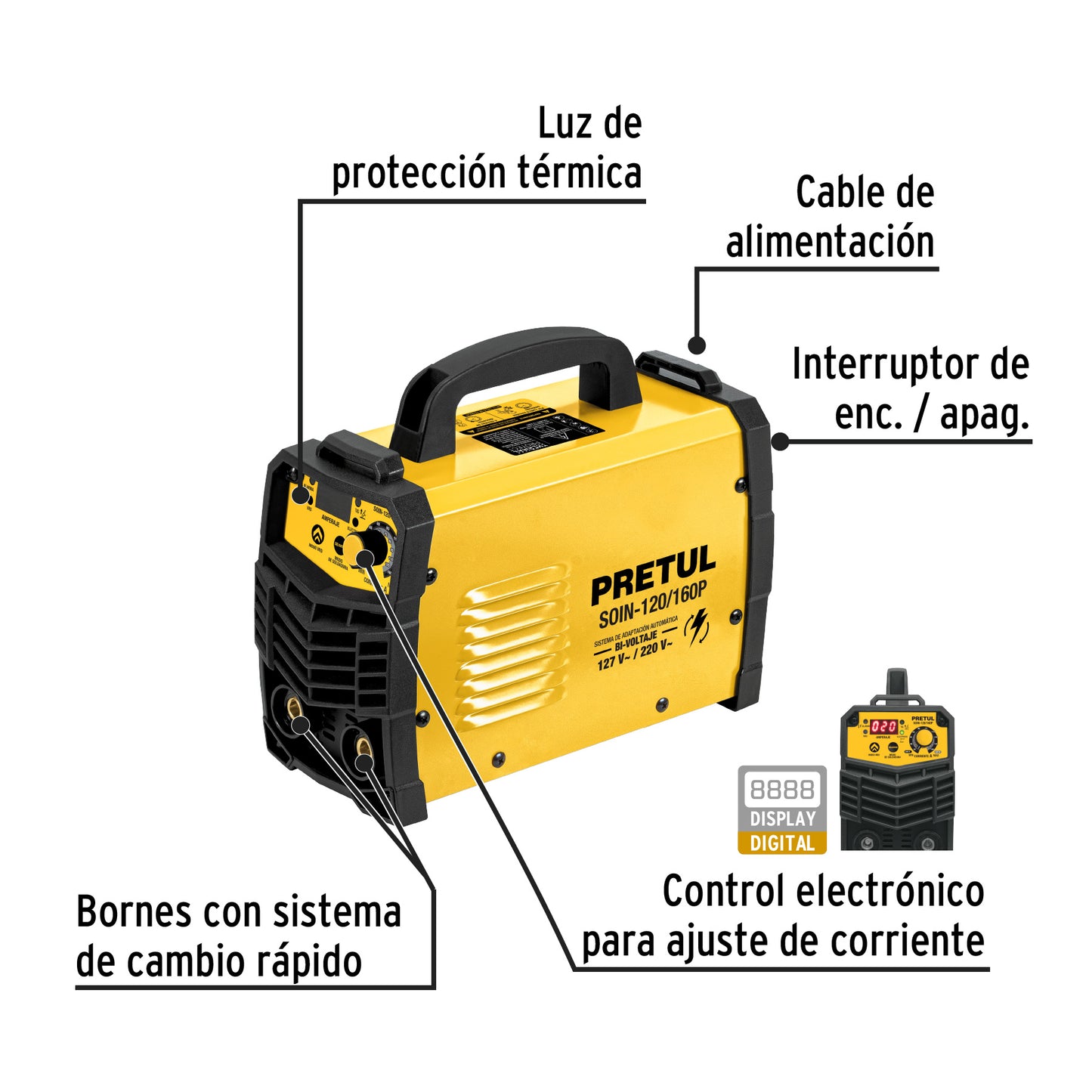 Soldadora inversora de 160 A Bi-voltaje 127/220 V con display digital y función TIG