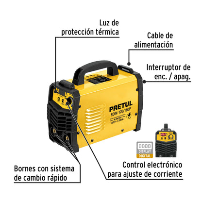 Soldadora inversora de 160 A Bi-voltaje 127/220 V con display digital y función TIG