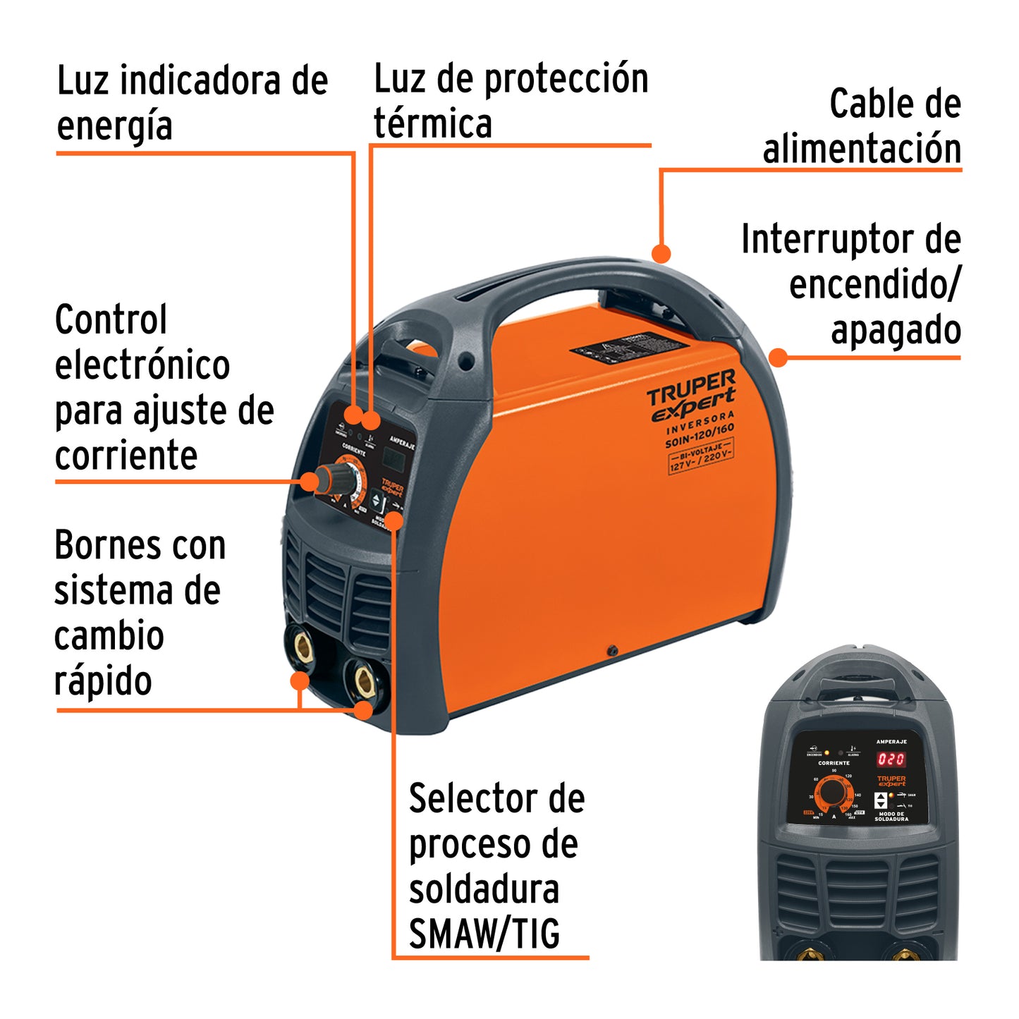 Soldadora inversora de 160 A Bi-voltaje 127/220 V con display digital y función TIG