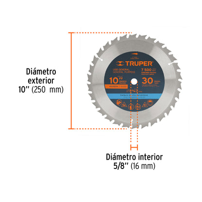 Disco de sierra de 10 pulgadas con 30 dientes de carburo y centro de 5/8 pulgadas