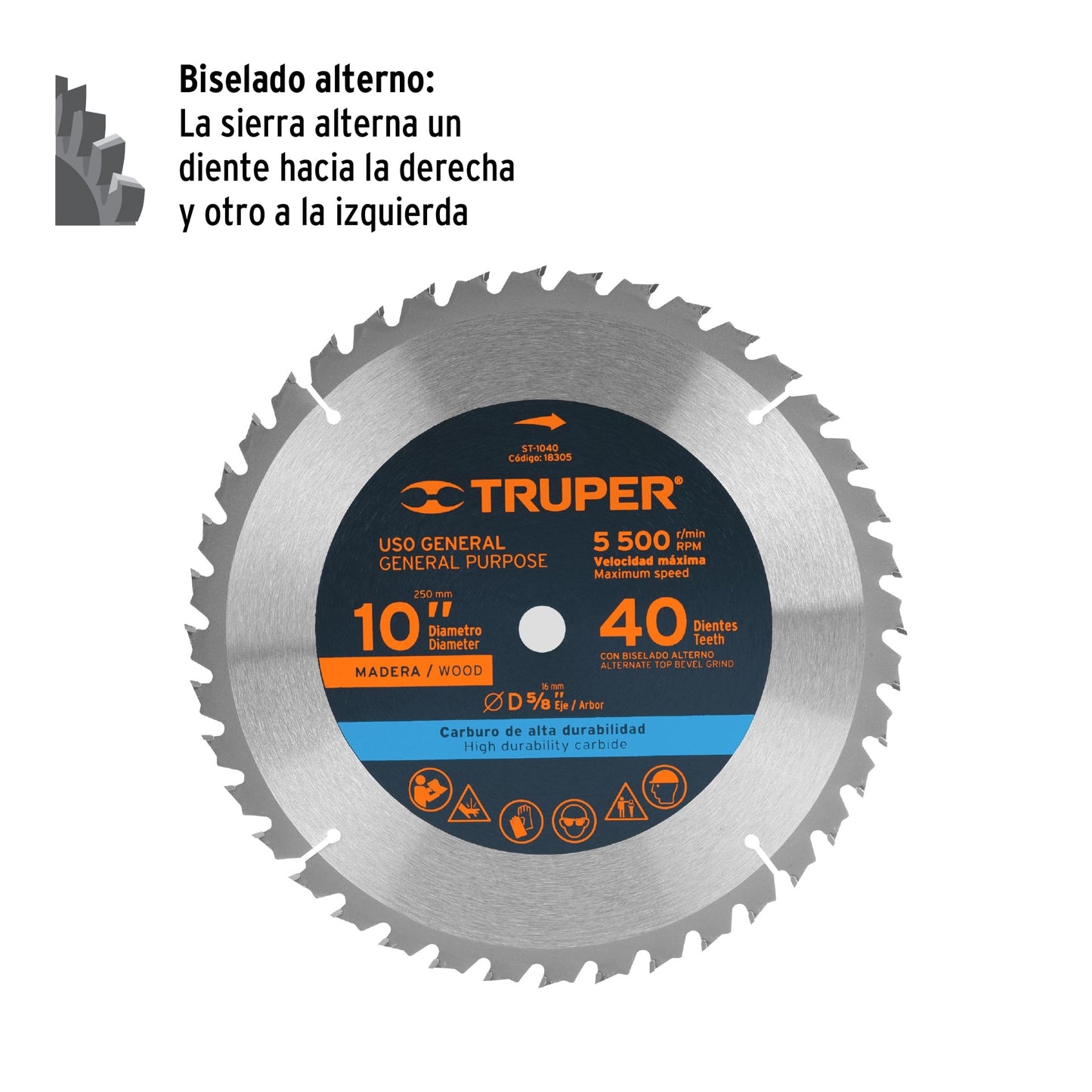 Disco de sierra de 10 pulgadas con 40 dientes de carburo y centro de 5/8 pulgadas