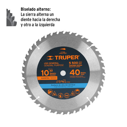 Disco de sierra de 10 pulgadas con 40 dientes de carburo y centro de 5/8 pulgadas