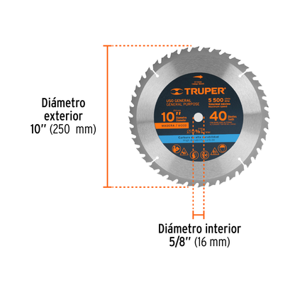 Disco de sierra de 10 pulgadas con 40 dientes de carburo y centro de 5/8 pulgadas