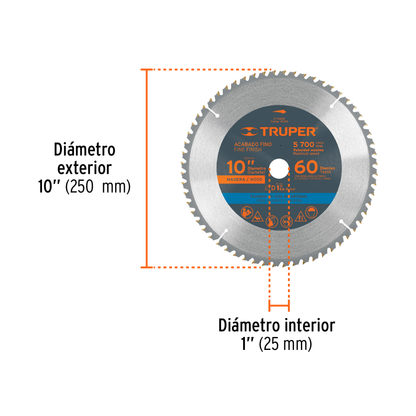 Disco sierra para madera de 10 pulgadas con 60 dientes y centro de 1 pulgada