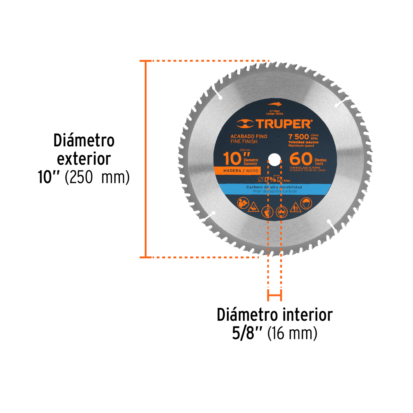 Disco de sierra de 10 pulgadas con 60 dientes de carburo y centro de 5/8 pulgadas
