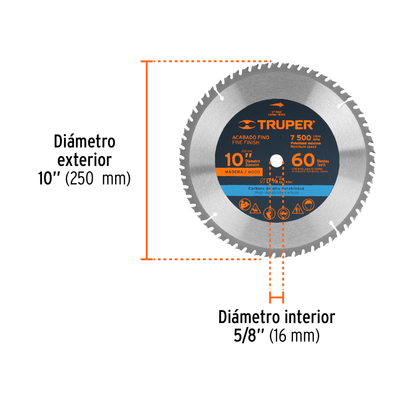 Disco de sierra de 10 pulgadas con 60 dientes de carburo y centro de 5/8 pulgadas