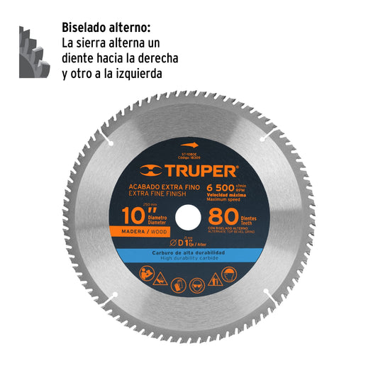 Disco sierra para madera de 10 pulgadas con 80 dientes y centro de 1 pulgada