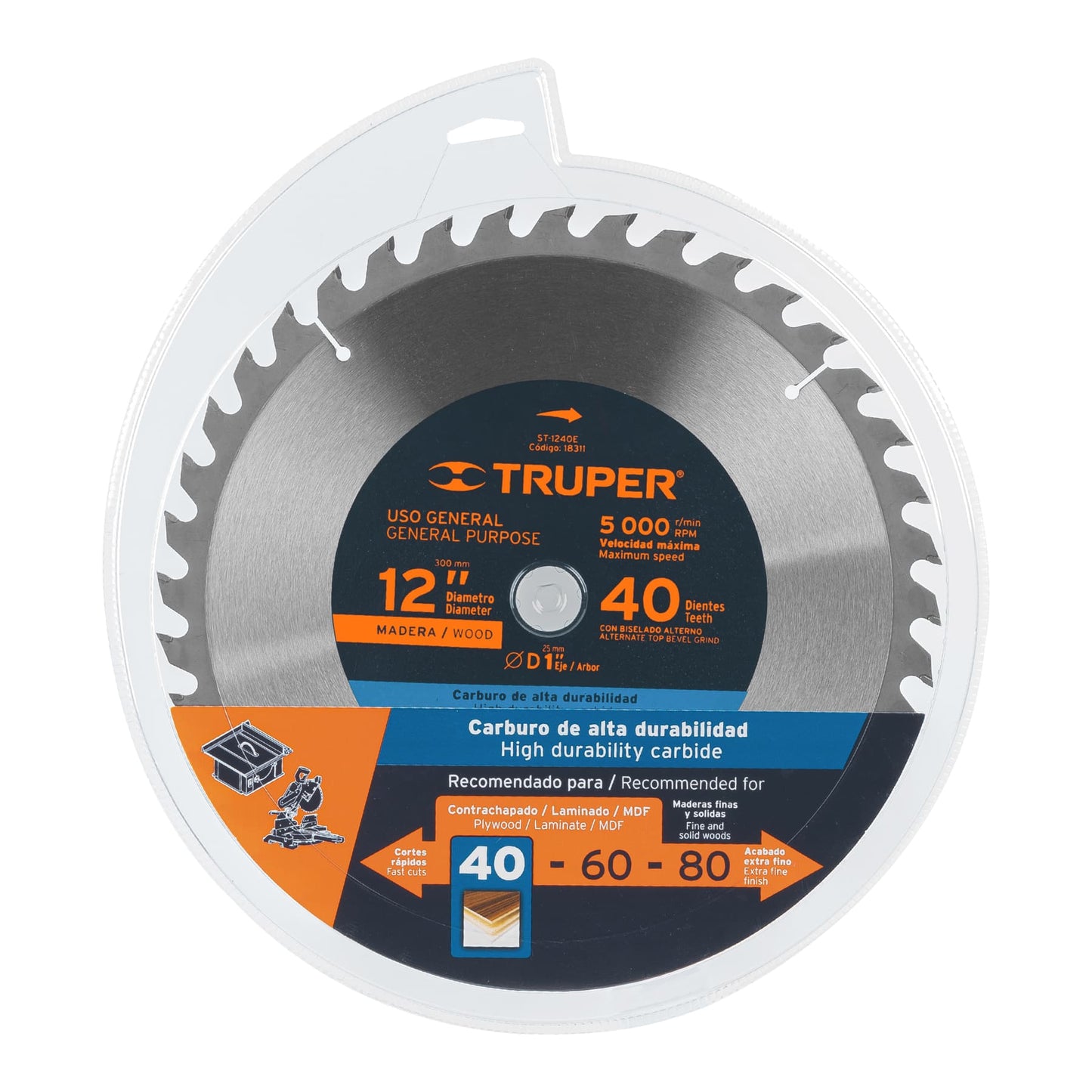 Disco sierra para madera de 12 pulgadas con 40 dientes y centro de 1 pulgada