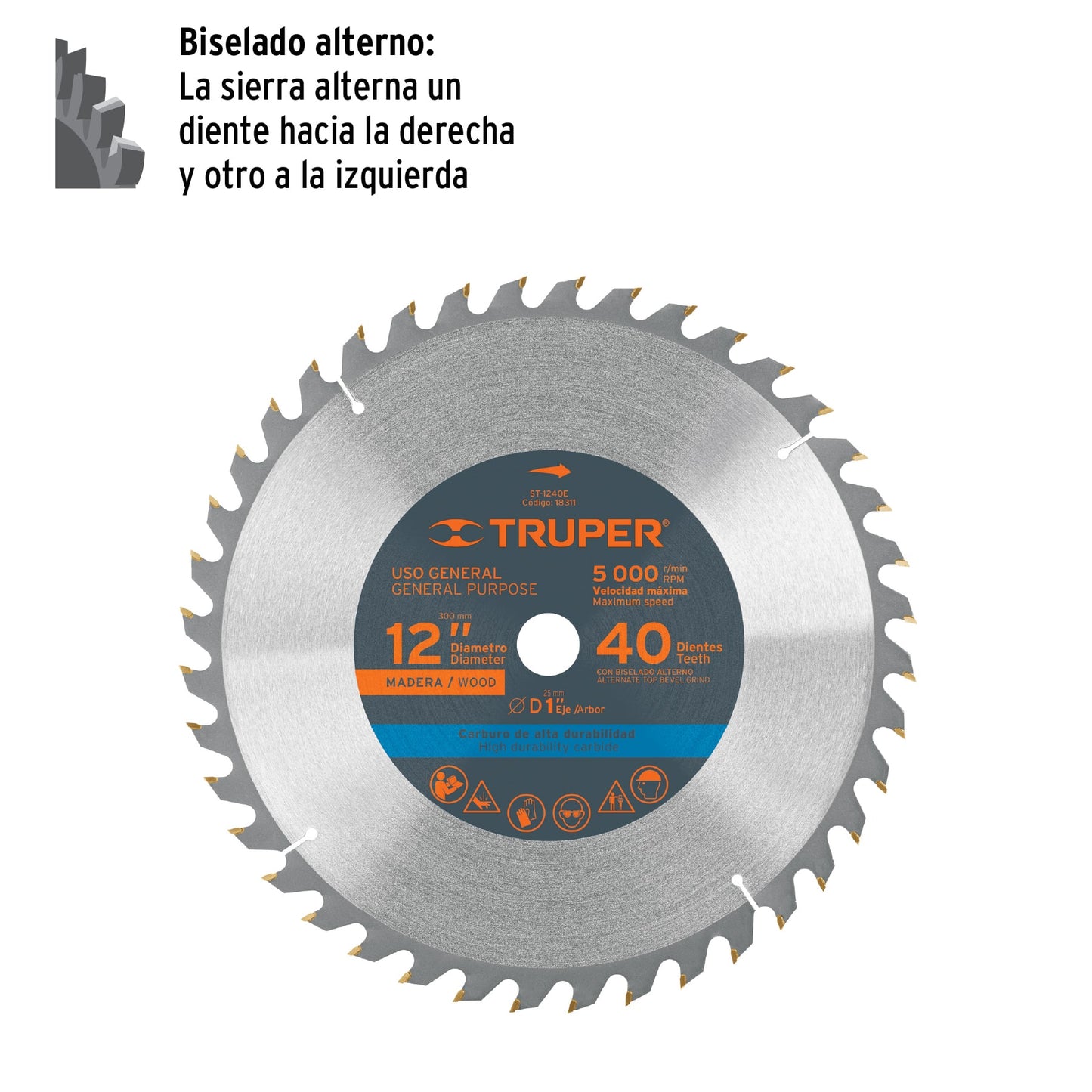 Disco sierra para madera de 12 pulgadas con 40 dientes y centro de 1 pulgada