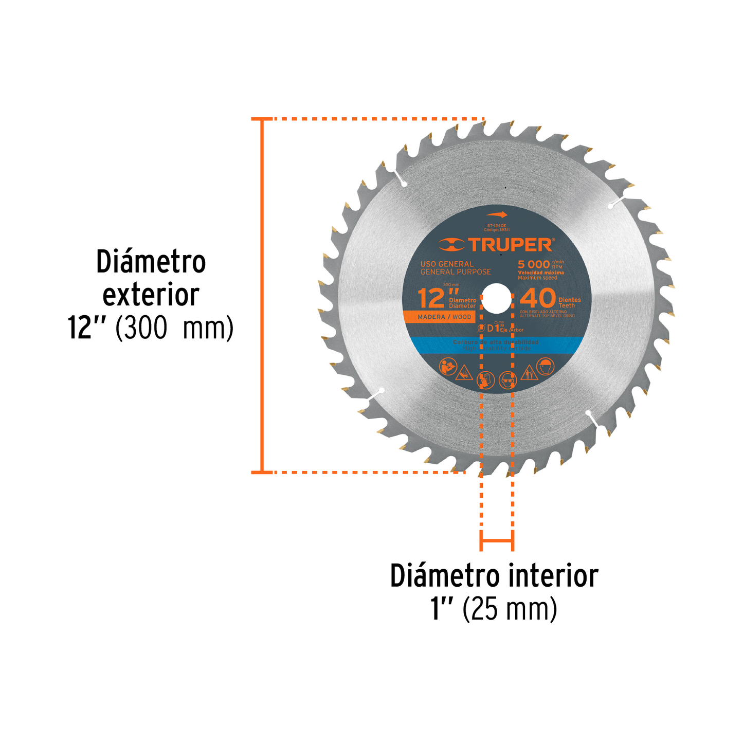 Disco sierra para madera de 12 pulgadas con 40 dientes y centro de 1 pulgada