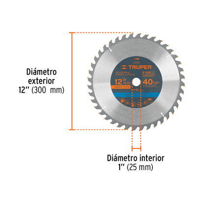 Disco sierra para madera de 12 pulgadas con 40 dientes y centro de 1 pulgada